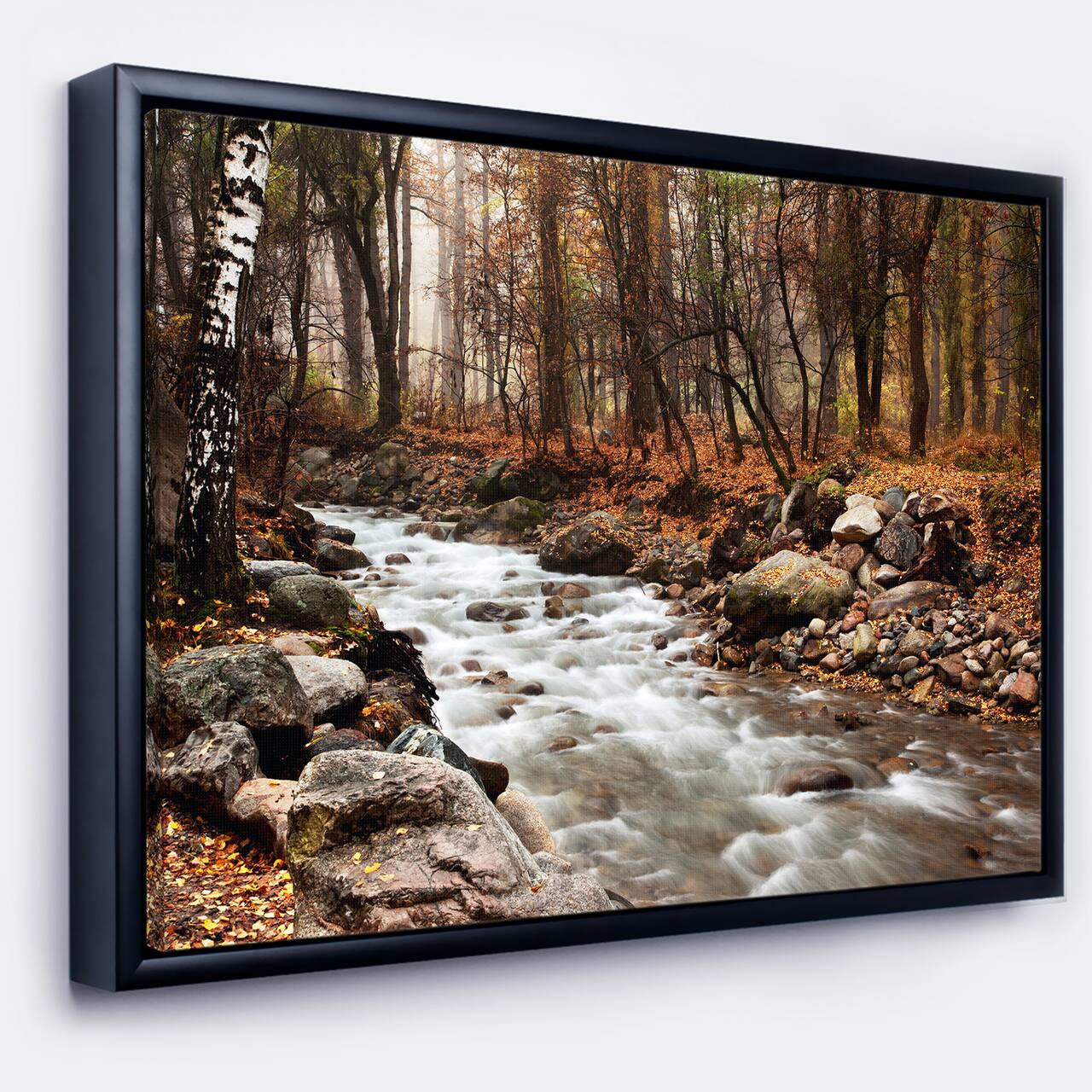 Designart - Stream in Autumn Forest - Landscape Photography Framed Canvas Art Print